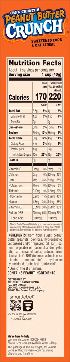 slide 5 of 10, Cap'n Crunch Cereal, Peanut Butter Crunch, Sweetened Corn & Oat, Large Size, 15.6 oz