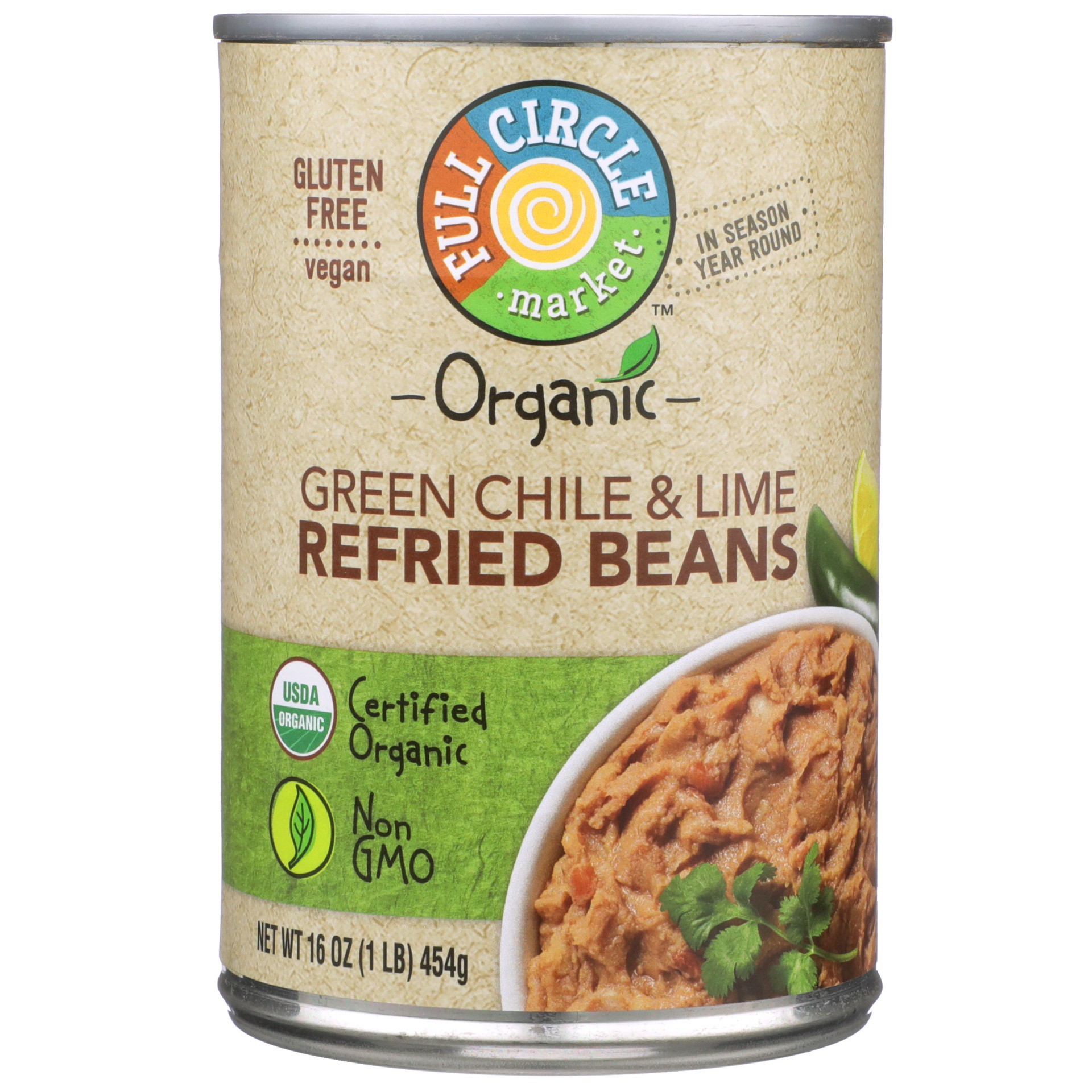 slide 1 of 6, Full Circle Market Organic Vegetarian Green Chile & Lime Refried Beans, 16 oz