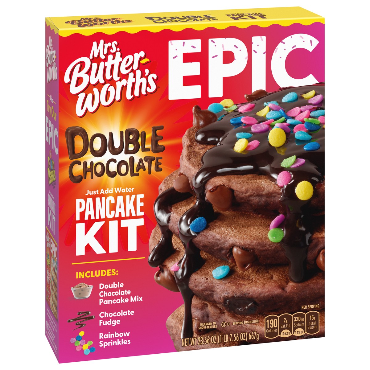 slide 2 of 9, Mrs. Butterworth's EPIC Double Chocolate Pancake Kit, 23.5 oz., 23.56 oz