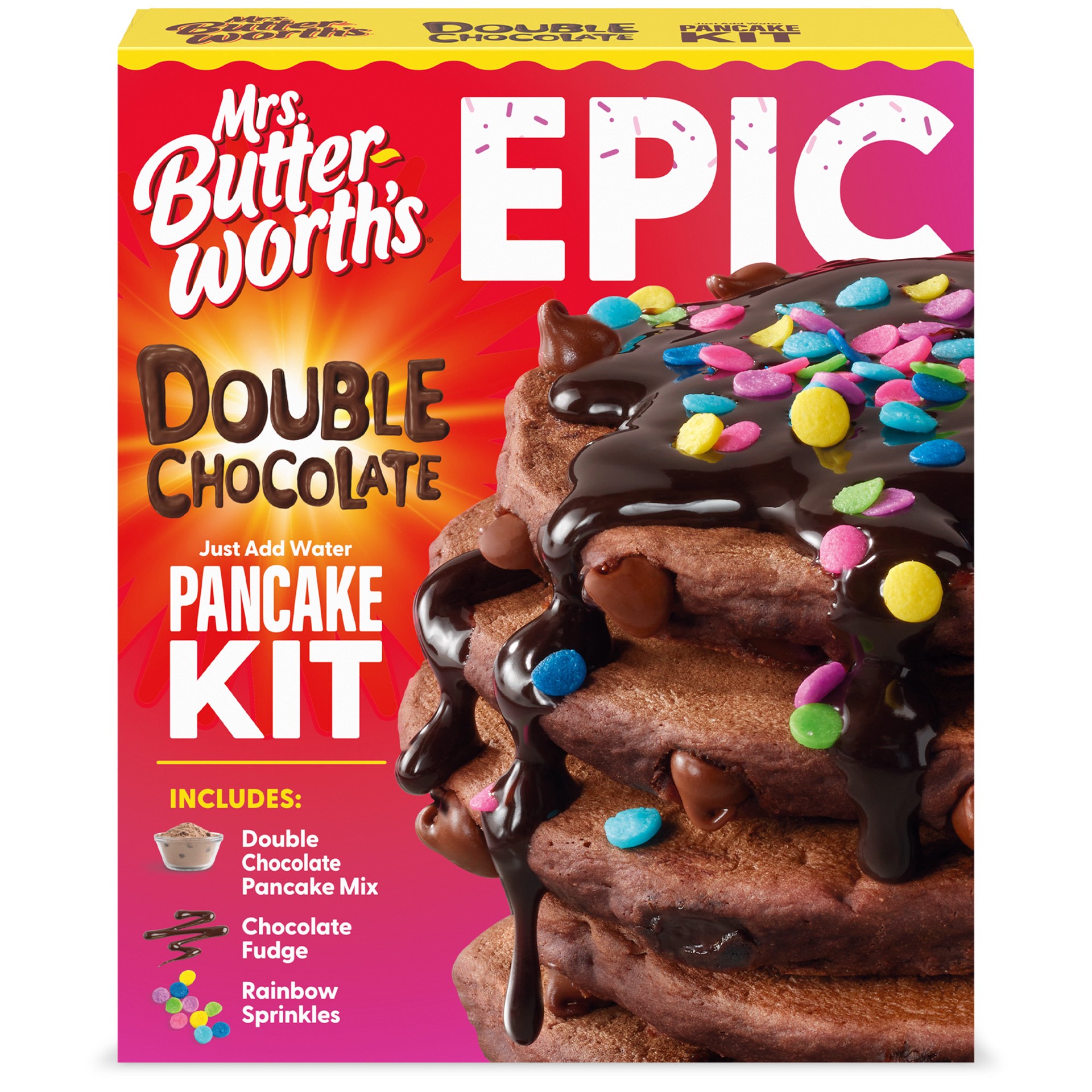 slide 1 of 9, Mrs. Butterworth's EPIC Double Chocolate Pancake Kit, 23.5 oz., 23.56 oz