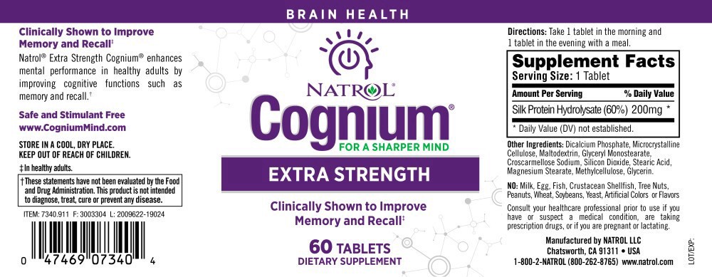 slide 3 of 4, Natrol Cognium Memory Extra Strength Silk Protein Hydrolysate 200mg, Dietary Supplement for Brain Health and Memory Support, 60 Tablets, 30 Day Supply, 60 ct