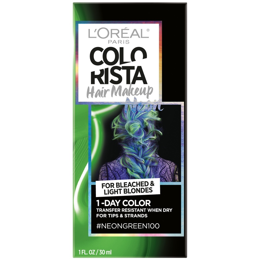slide 1 of 1, L'Oréal Colorista Hair Makeup 1-Day Hair Color, Neon Green 100 (for blondes), 1 fl oz