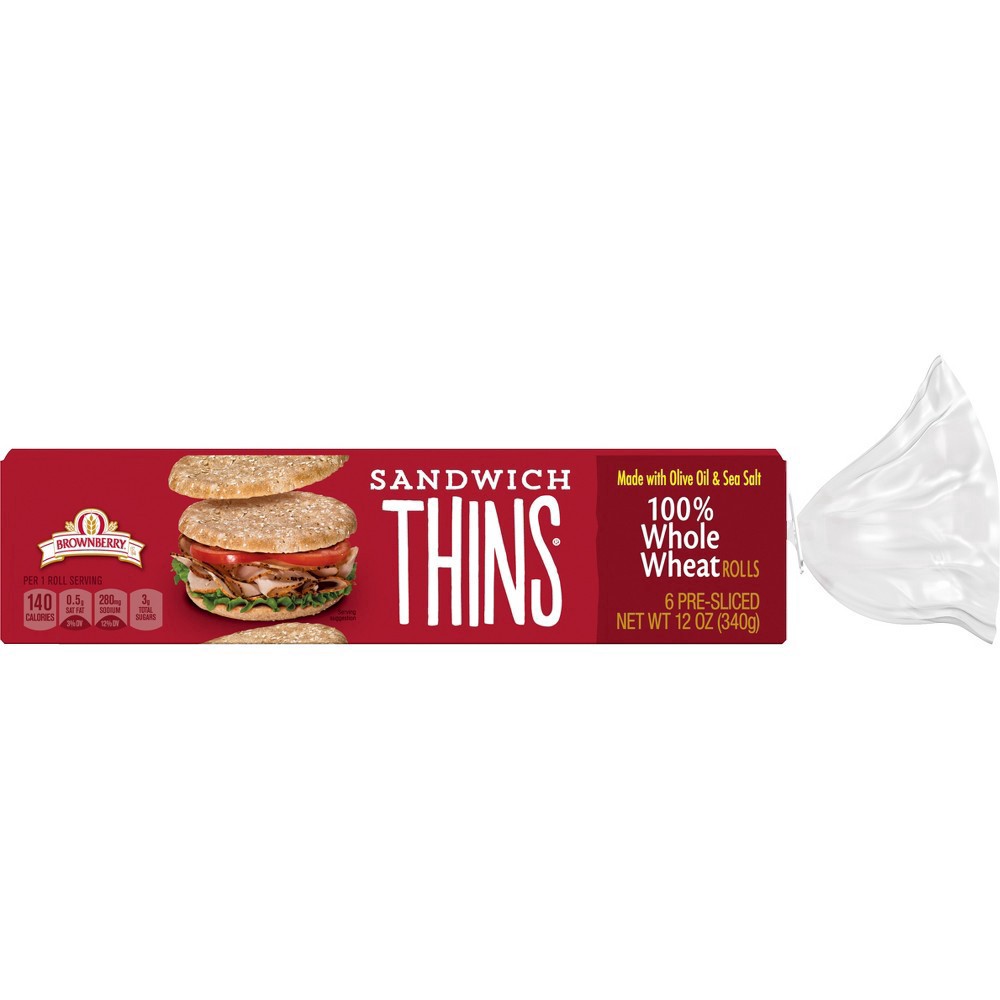slide 4 of 15, Brownberry 100% Whole Wheat Sandwich Thins, 6 Rolls, 12 oz, 6 ct