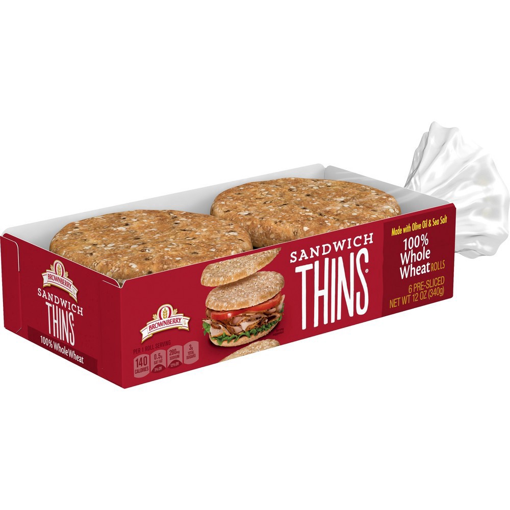 slide 13 of 15, Brownberry 100% Whole Wheat Sandwich Thins, 6 Rolls, 12 oz, 6 ct