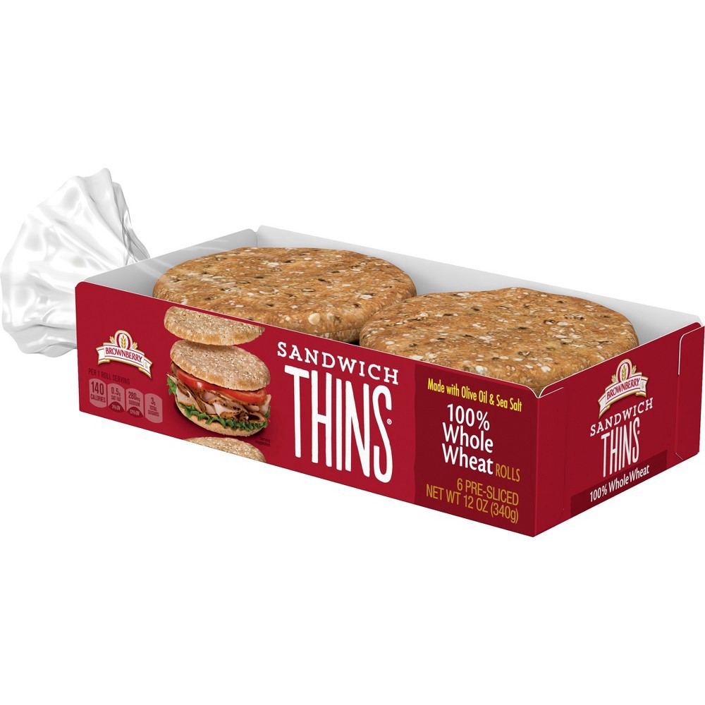 slide 5 of 15, Brownberry 100% Whole Wheat Sandwich Thins, 6 Rolls, 12 oz, 6 ct