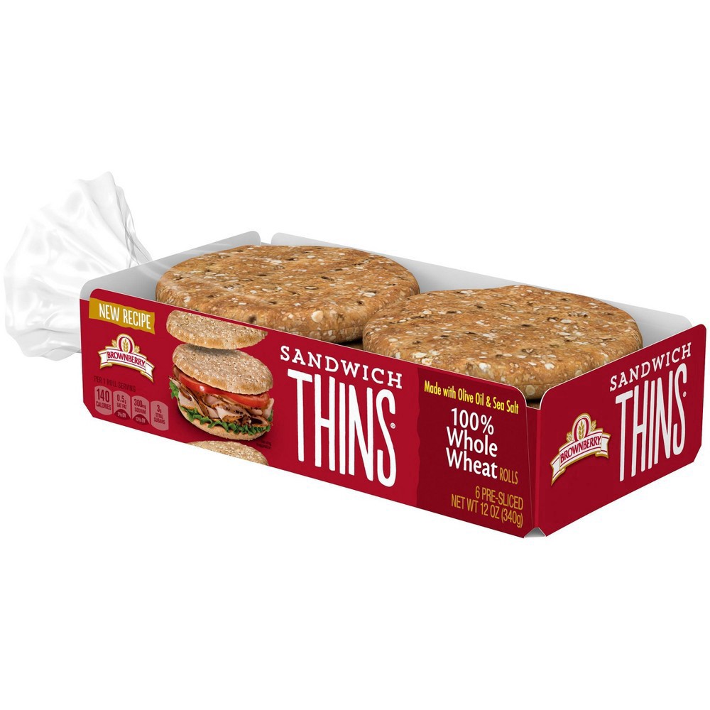 slide 7 of 15, Brownberry 100% Whole Wheat Sandwich Thins, 6 Rolls, 12 oz, 6 ct