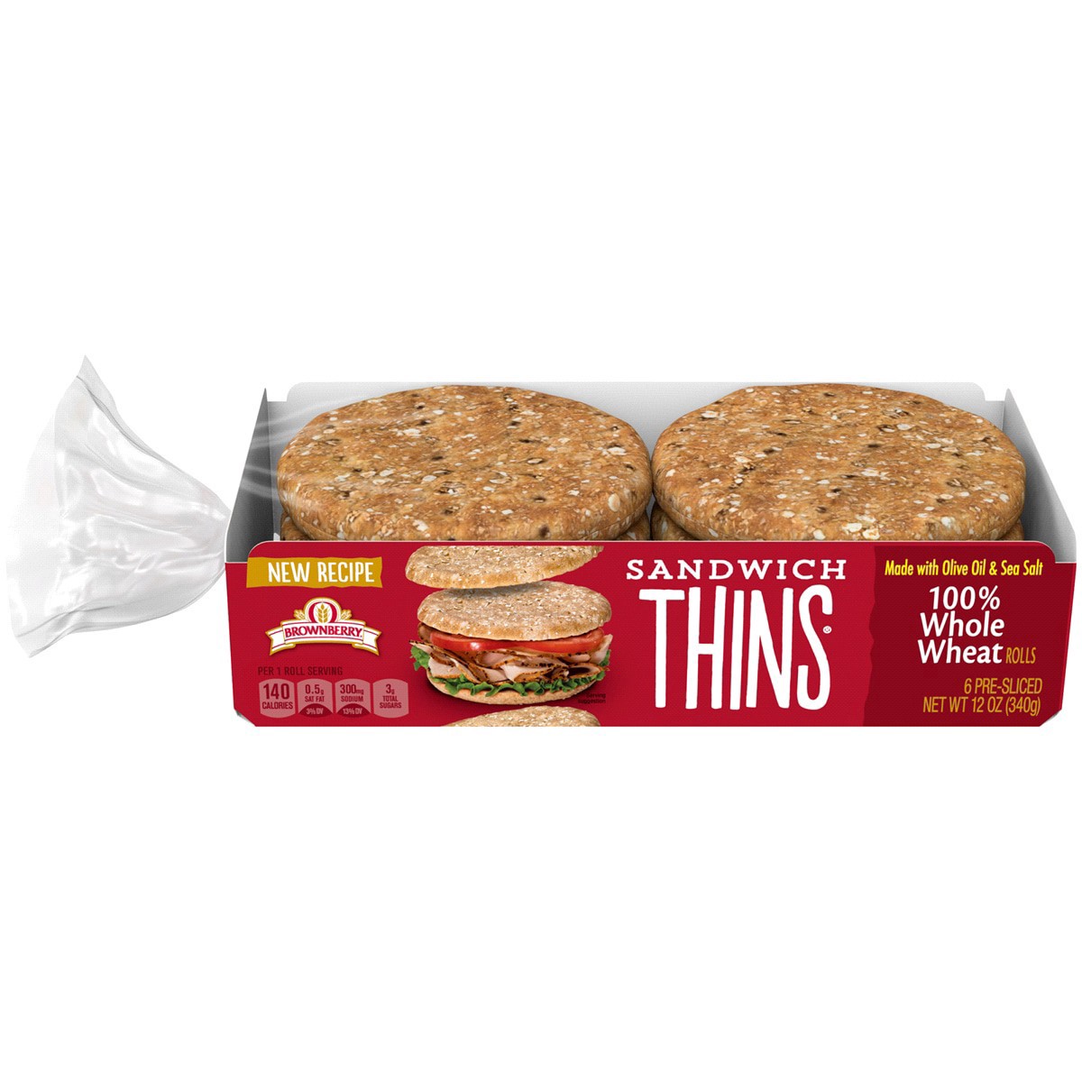 slide 1 of 15, Brownberry Sandwich Thins Whole Wheat Rolls, 6 count, Pre-sliced Sandwich Thins, 12 oz Bag, 6 ct