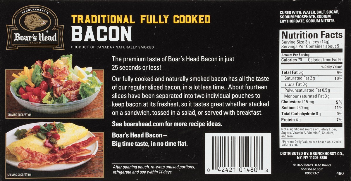 slide 5 of 9, Boar's Head Naturally Smoked Traditional Bacon, Fully Cooked, 2.29 oz