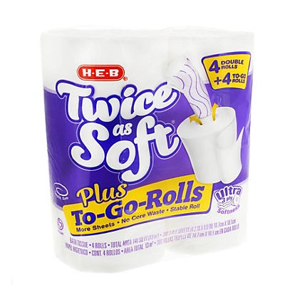 slide 1 of 1, H-E-B Twice As Soft 3-ply Plus To-Go-Rolls Double Roll Bath Tissue, 4 ct