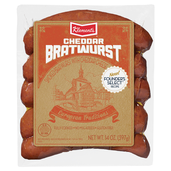 slide 1 of 1, Klement's Smoked Cheddar Cheese Bratwurst, 14 oz