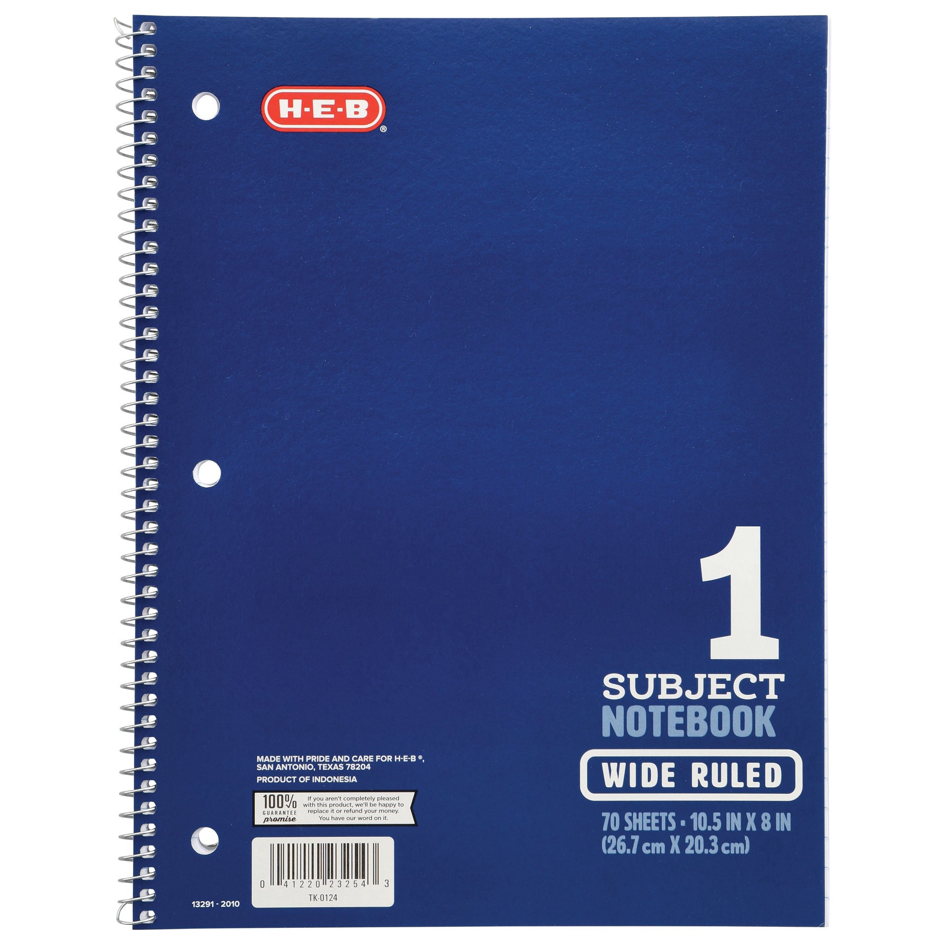 slide 1 of 1, H-E-B 1 Subject Wide Ruled Spiral Notebook - Blue, 70 ct