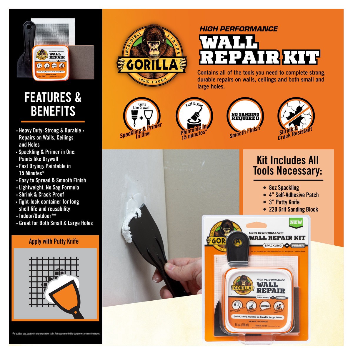 slide 4 of 6, Gorilla Wall Repair White Interior/Exterior Spackling 8 Ounce(s) Kit, 8 fl oz; 236 ml