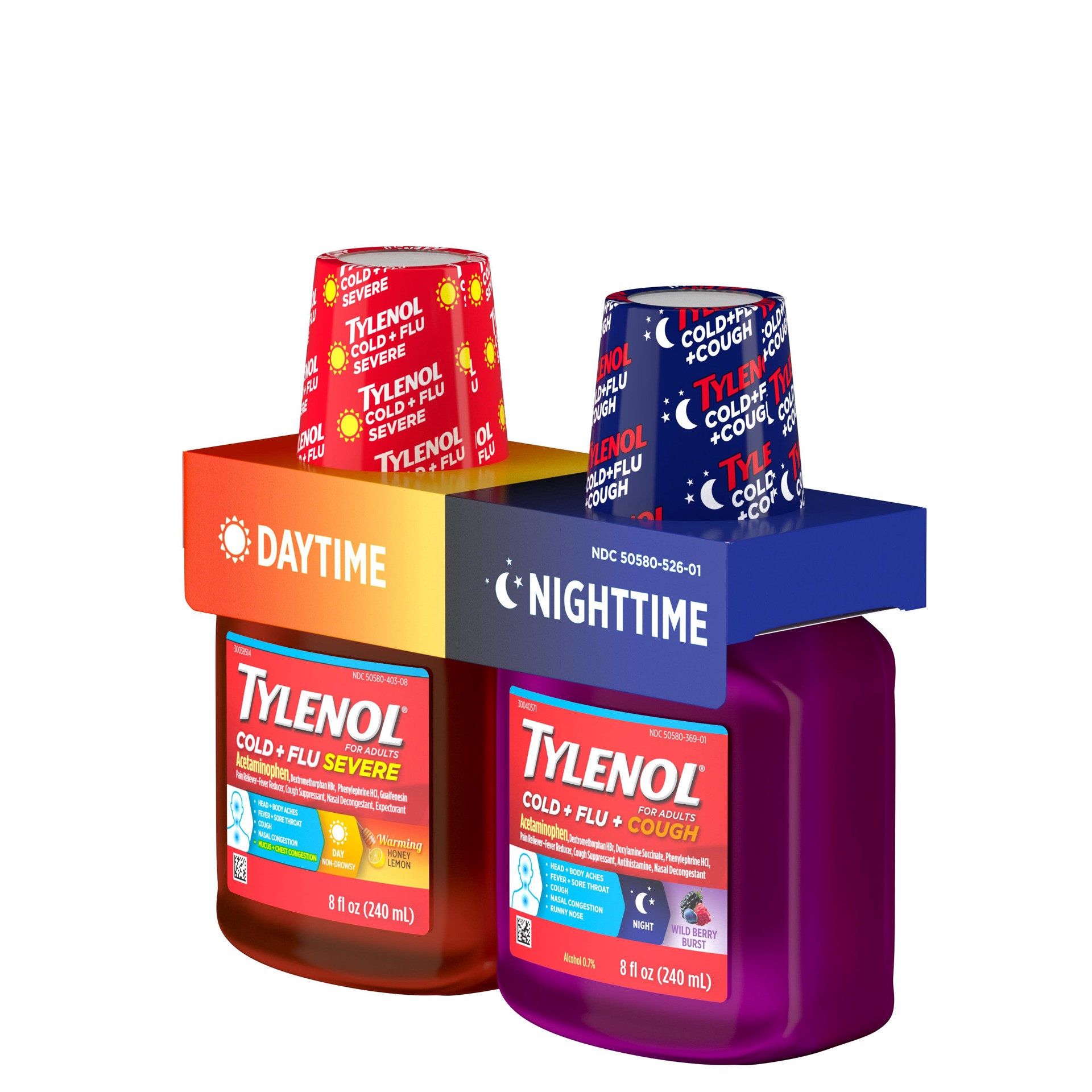 slide 2 of 7, Tylenol Cold + Flu Severe Daytime & Nighttime Liquid Cough Medicine with Acetaminophen Pain Reliever & Fever Reducer, Nasal Decongestant & Antihistamine, Value Pack, 2 ct. of 8 fl. oz, 16 fl oz