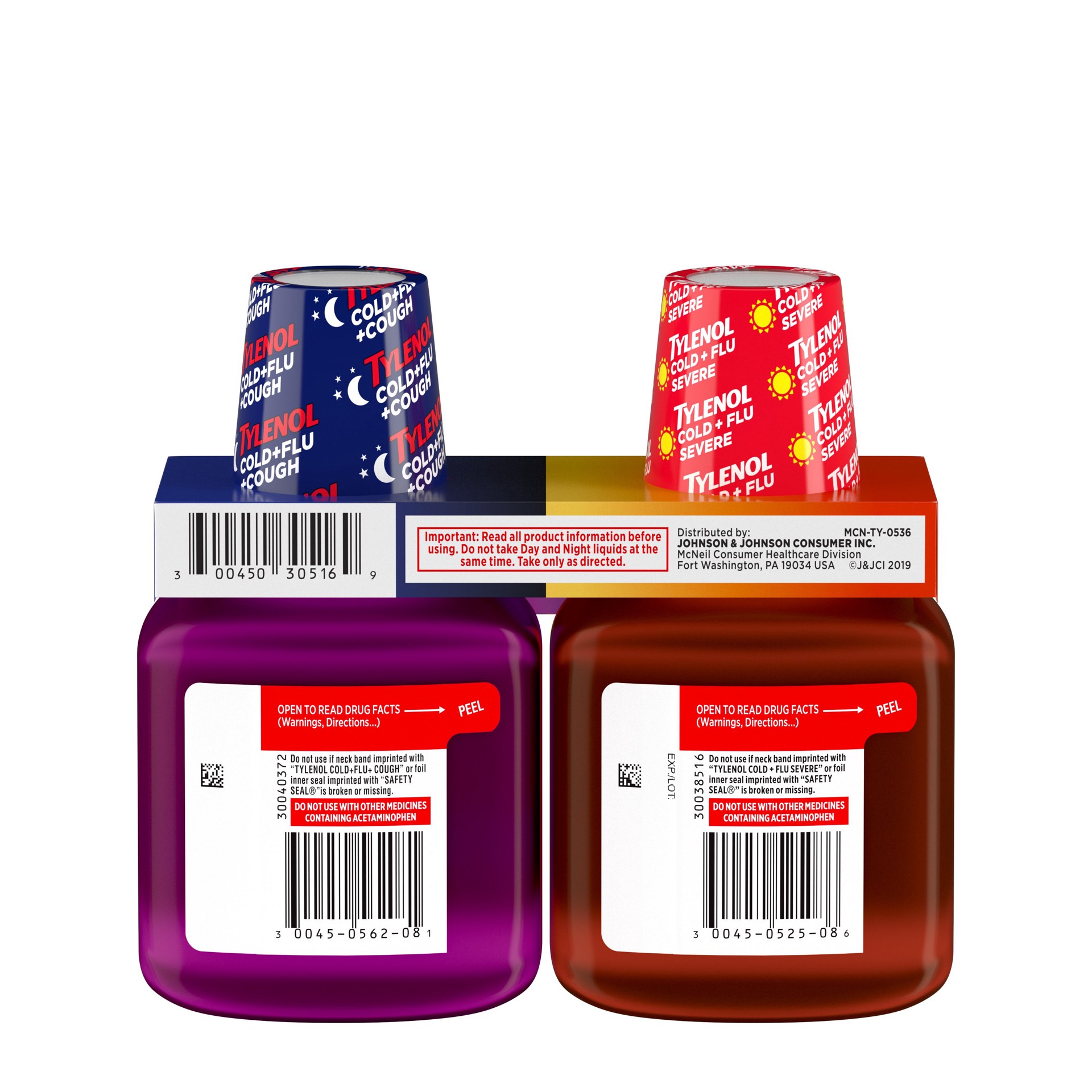 slide 4 of 7, Tylenol Cold + Flu Severe Daytime & Nighttime Liquid Cough Medicine with Acetaminophen Pain Reliever & Fever Reducer, Nasal Decongestant & Antihistamine, Value Pack, 2 ct. of 8 fl. oz, 16 fl oz