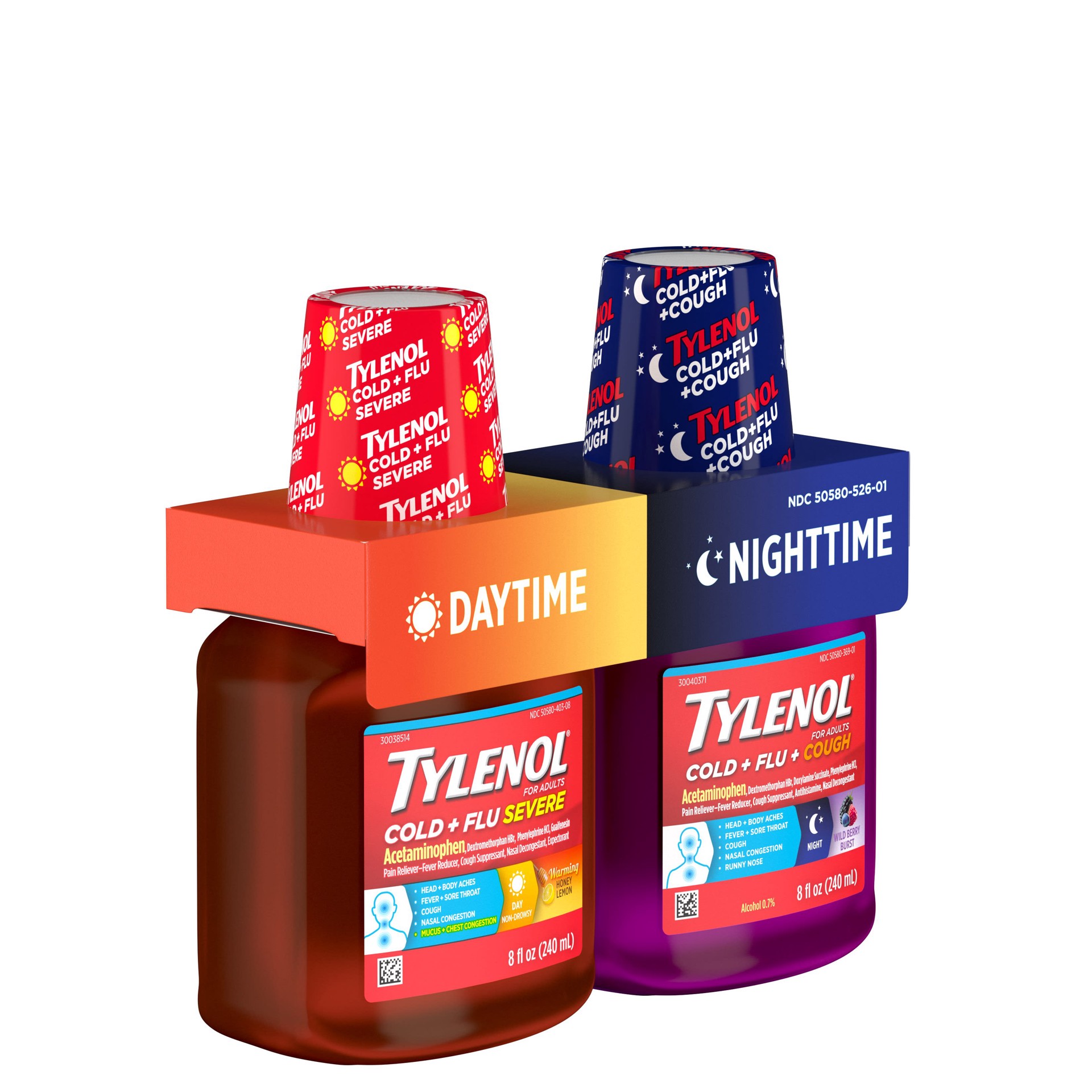 slide 6 of 7, Tylenol Cold + Flu Severe Daytime & Nighttime Liquid Cough Medicine with Acetaminophen Pain Reliever & Fever Reducer, Nasal Decongestant & Antihistamine, Value Pack, 2 ct. of 8 fl. oz, 16 fl oz