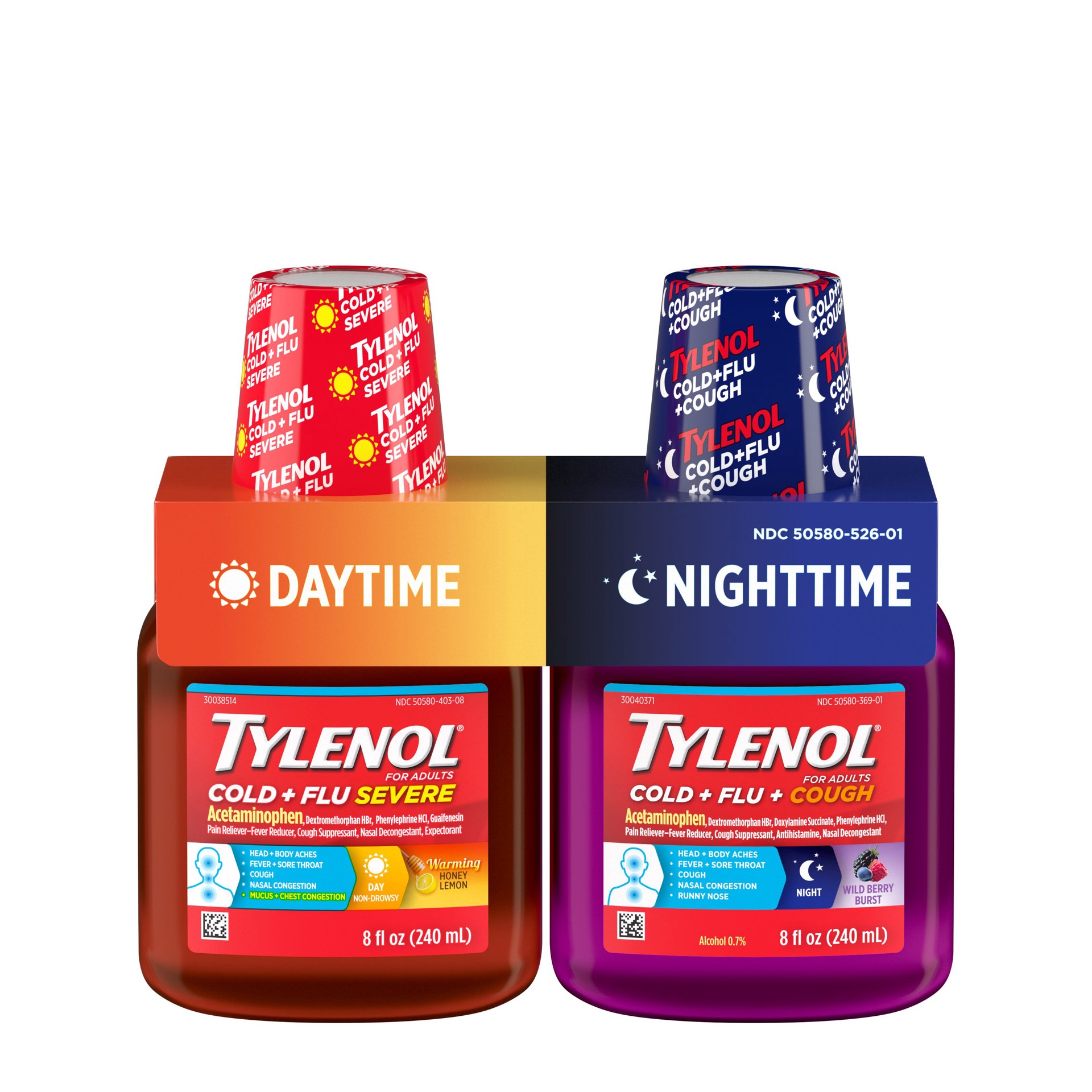 slide 7 of 7, Tylenol Cold + Flu Severe Daytime & Nighttime Liquid Cough Medicine with Acetaminophen Pain Reliever & Fever Reducer, Nasal Decongestant & Antihistamine, Value Pack, 2 ct. of 8 fl. oz, 16 fl oz