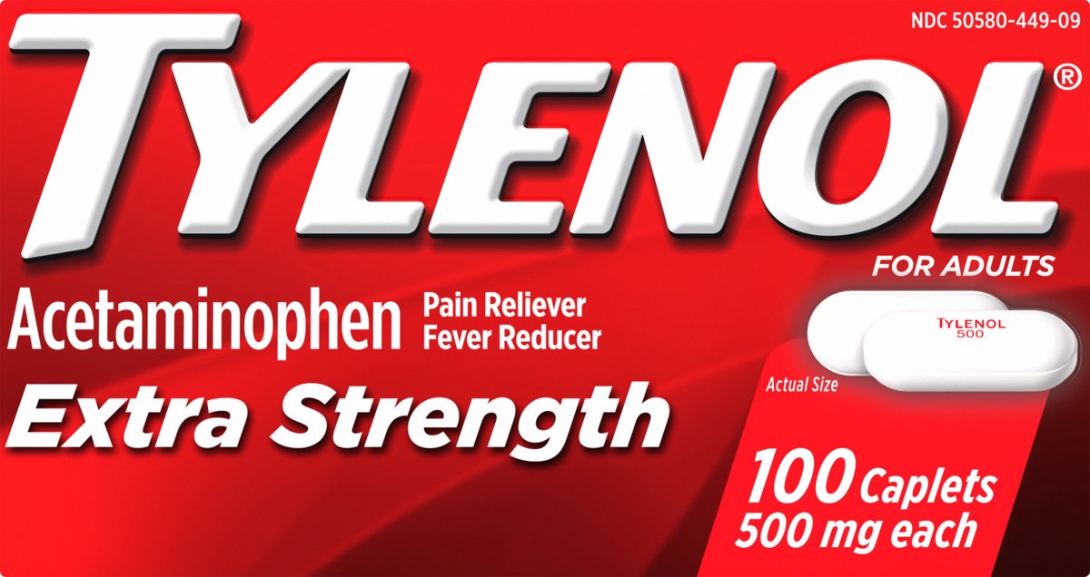 slide 4 of 6, Tylenol Extra Strength Pain Reliever and Fever Reducer Caplets, 500 mg Acetaminophen Pain Relief Pills for Headache, Backache, Toothache & Minor Arthritis Pain Relief; 100 ct.; Pack of 1, 100 ct