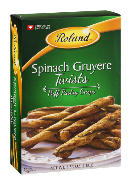 slide 1 of 1, Roland All Natural Spinach Gruyere Twists, 3.53 oz; 100 gram