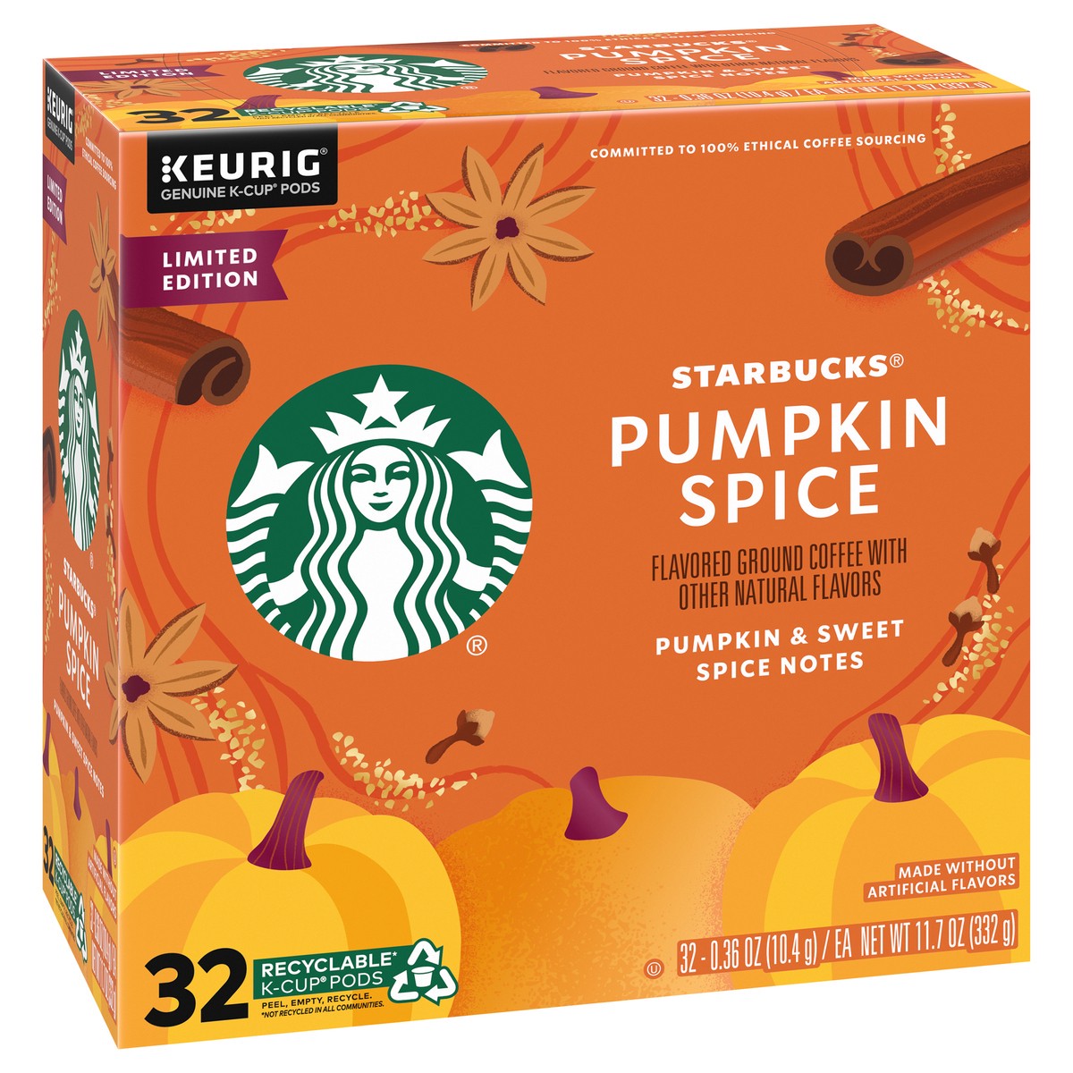 slide 2 of 9, Starbucks K-Cup Coffee Pods, Pumpkin Spice Naturally Flavored Coffee for Keurig Coffee Makers, 100% Arabica, Limited Edition, 1 Box (32 Pods), 11.7 oz