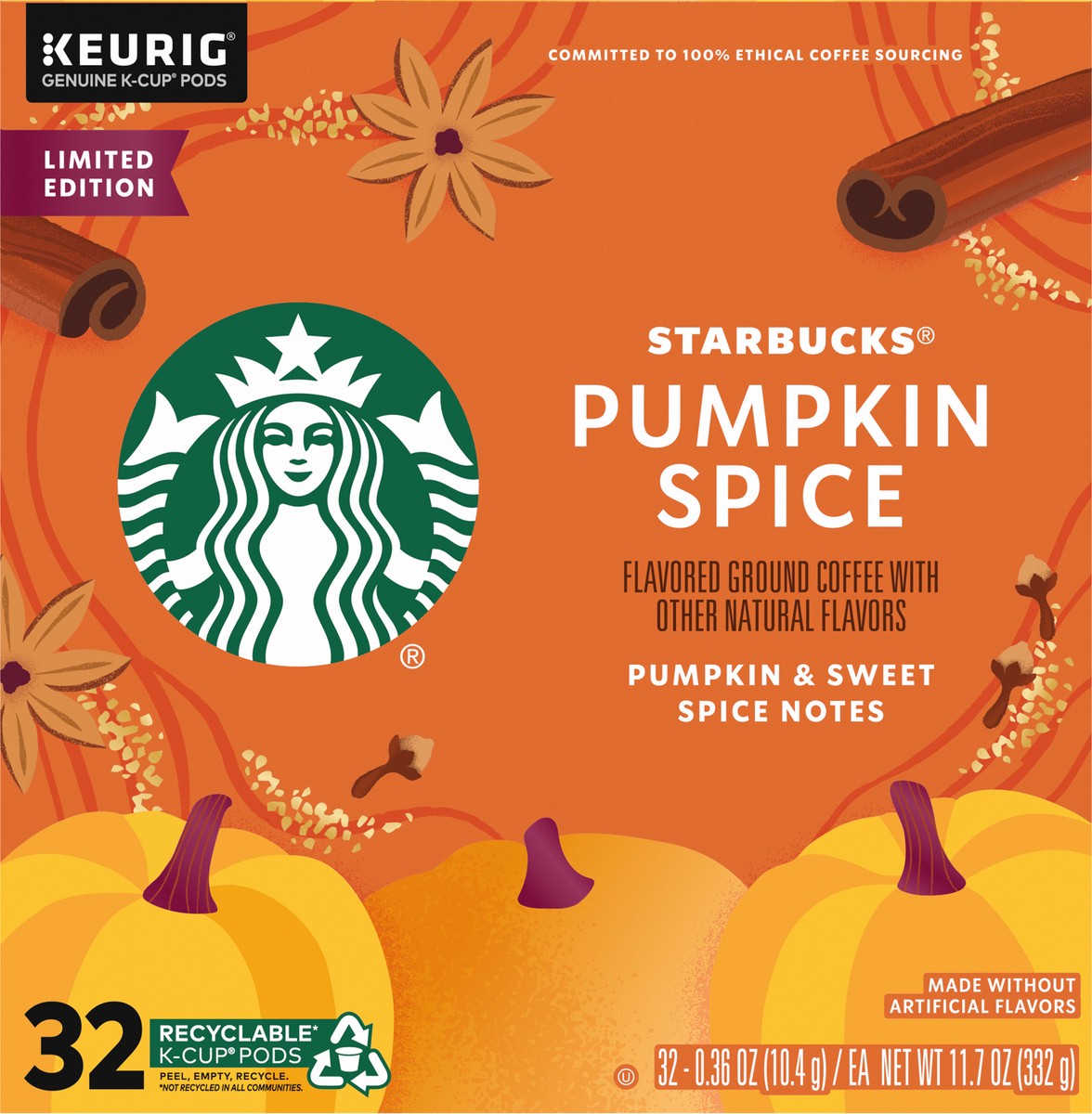 slide 6 of 9, Starbucks K-Cup Coffee Pods, Pumpkin Spice Naturally Flavored Coffee for Keurig Coffee Makers, 100% Arabica, Limited Edition, 1 Box (32 Pods), 11.7 oz