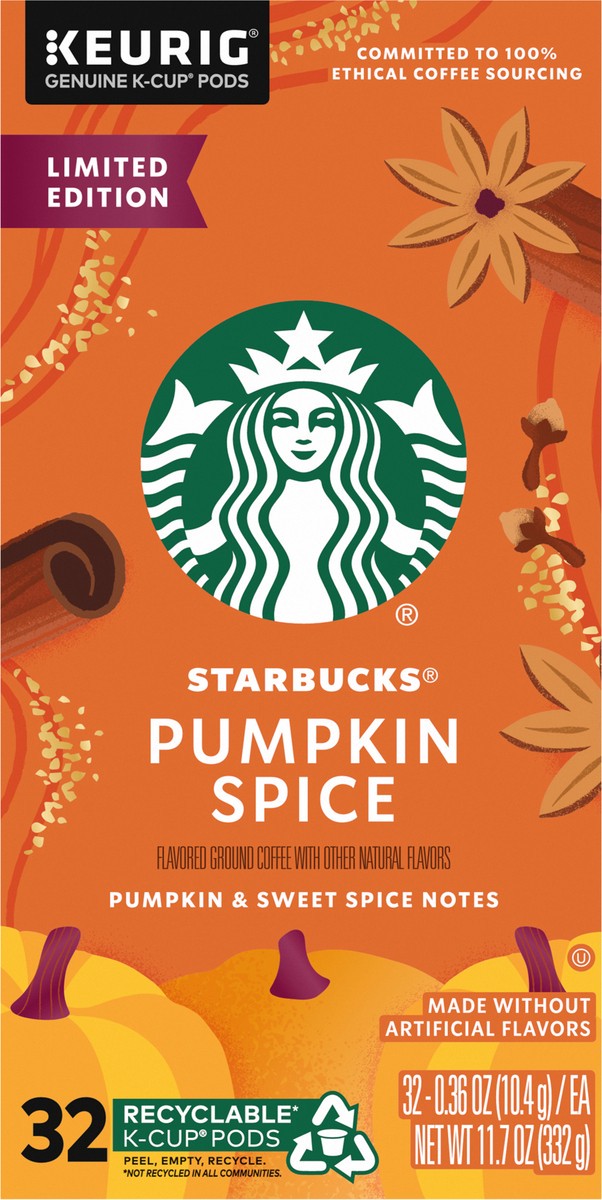 slide 9 of 9, Starbucks K-Cup Coffee Pods, Pumpkin Spice Naturally Flavored Coffee for Keurig Coffee Makers, 100% Arabica, Limited Edition, 1 Box (32 Pods), 11.7 oz