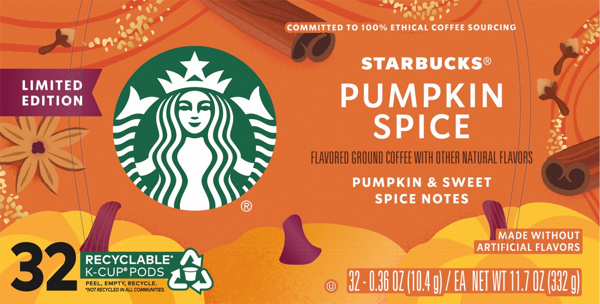 slide 7 of 9, Starbucks K-Cup Coffee Pods, Pumpkin Spice Naturally Flavored Coffee for Keurig Coffee Makers, 100% Arabica, Limited Edition, 1 Box (32 Pods), 11.7 oz