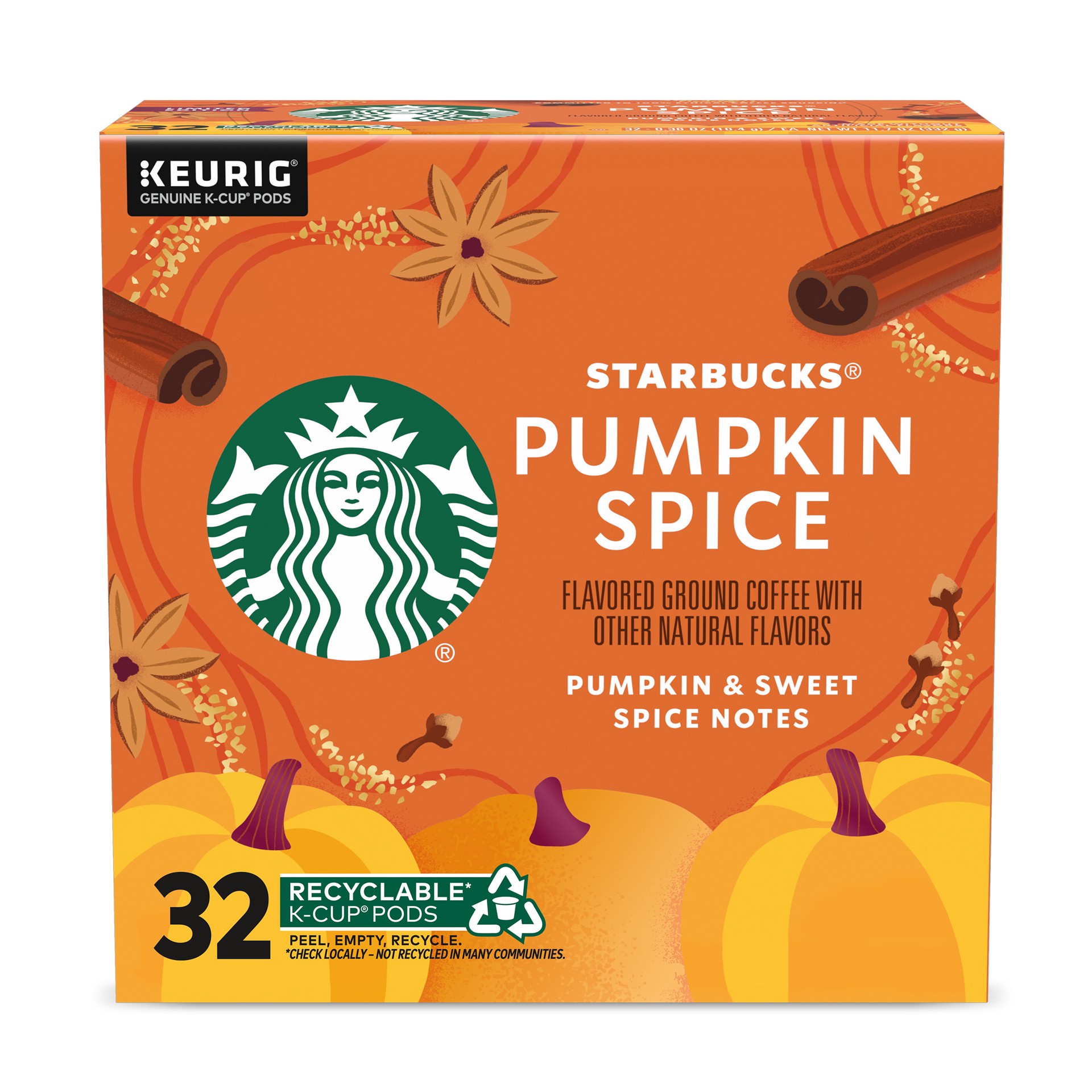 slide 1 of 9, Starbucks K-Cup Coffee Pods, Pumpkin Spice Naturally Flavored Coffee for Keurig Coffee Makers, 100% Arabica, Limited Edition, 1 Box (32 Pods), 11.7 oz