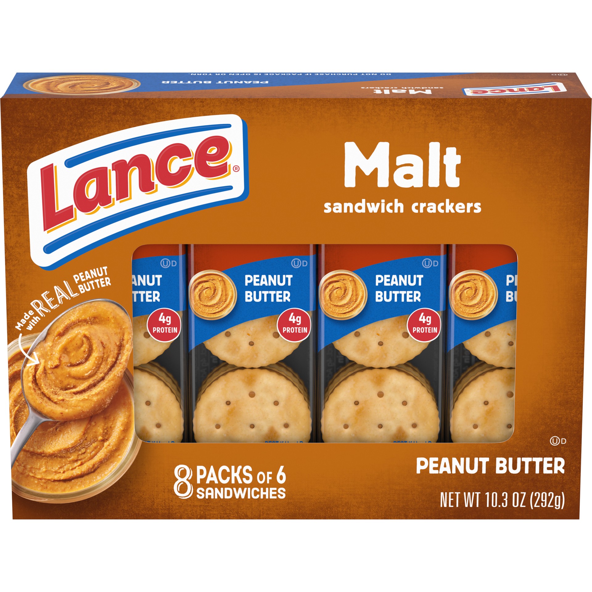 slide 1 of 5, Lance Sandwich Crackers, Malt with Peanut Butter, 8 Individually Wrapped Packs, 6 Sandwiches Each, 10.3 oz