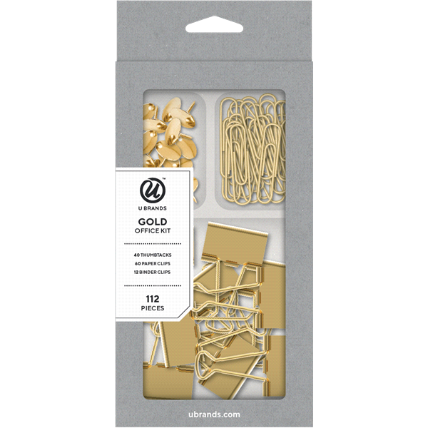 slide 1 of 1, U Brands Office Accessory Kit, Paper Clips, Binder Clips and Push Pins, Gold, 112 ct