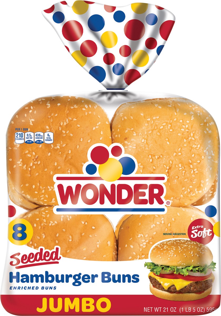 slide 2 of 8, Wonder Bread Jumbo Seeded Hamburger Buns, Sesame Seed White Bread Rolls, 8 Count, 8 ct