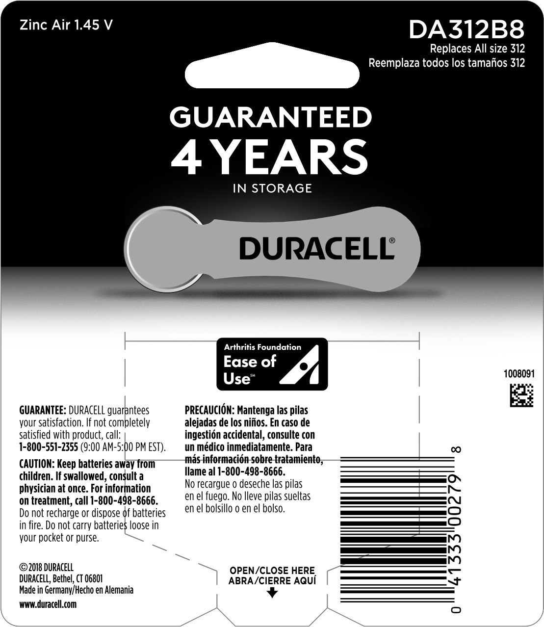 slide 3 of 5, Duracell Hearing Aid Battery, Size 312, 8 ct