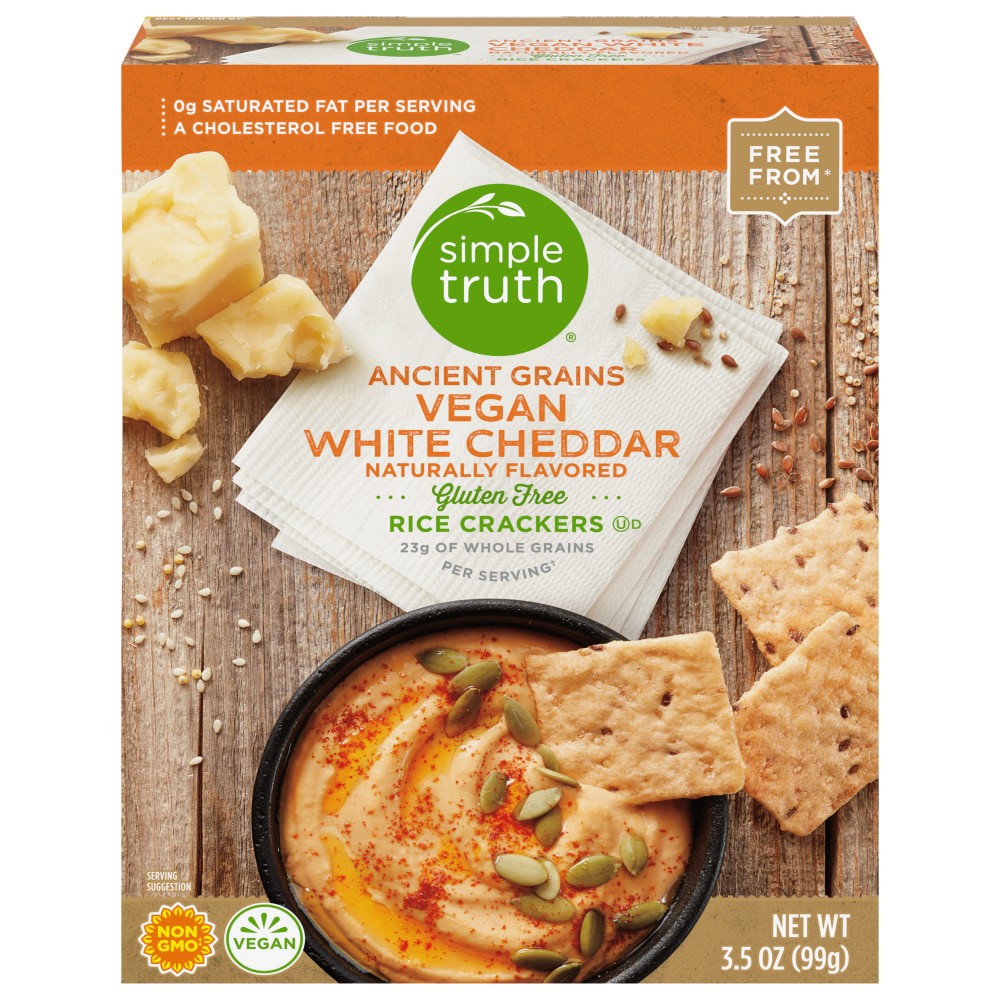 slide 1 of 5, Simple Truth Ancient Grains Vegan White Cheddar Rice Crackers, 3.5 oz