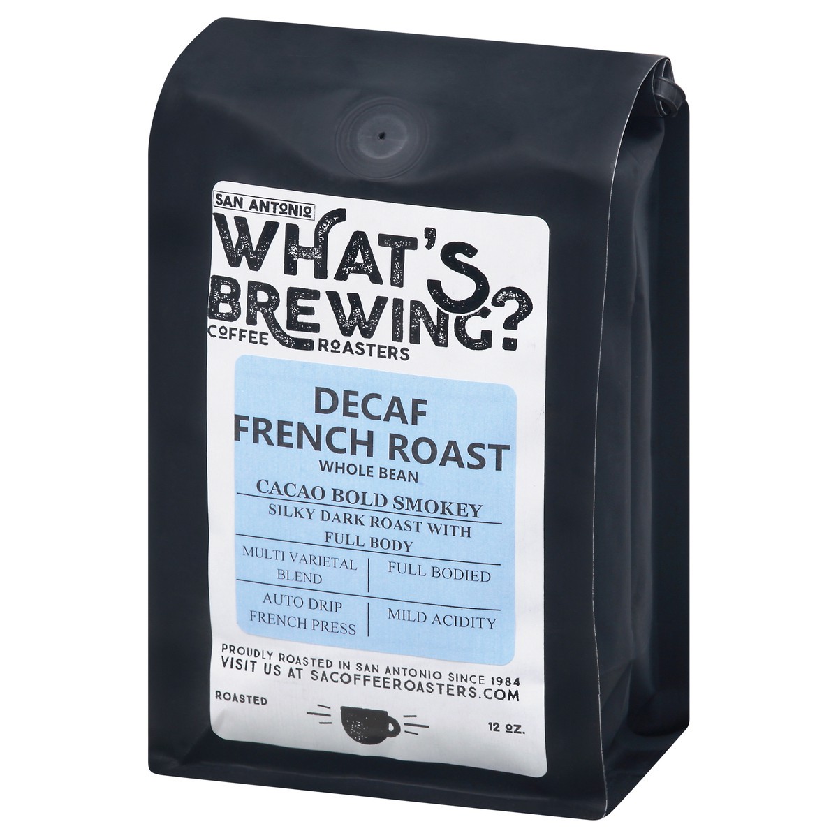slide 3 of 11, What's Brewing Coffee Roasters Decaf Whole Bean Dark Roast French Roast Coffee - 12 oz, 12 oz