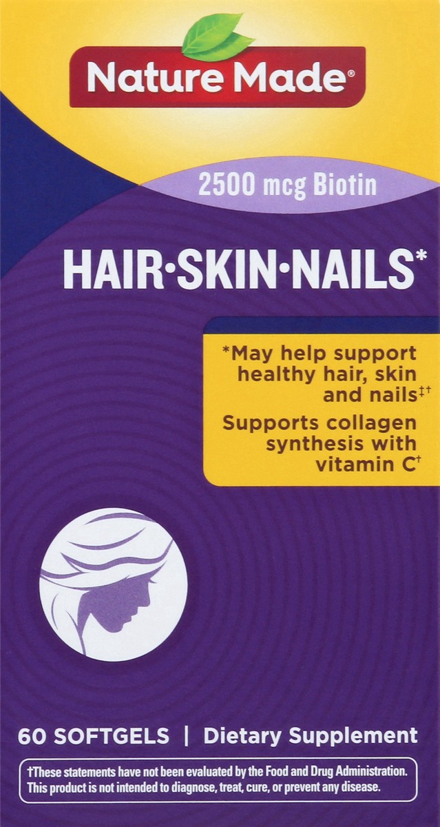 slide 2 of 14, Nature Made Hair Skin and Nails with Biotin 2500 mcg, Dietary Supplement For Healthy Hair Skin and Nails Support, 60 Softgels, 60 Day Supply, 60 ct