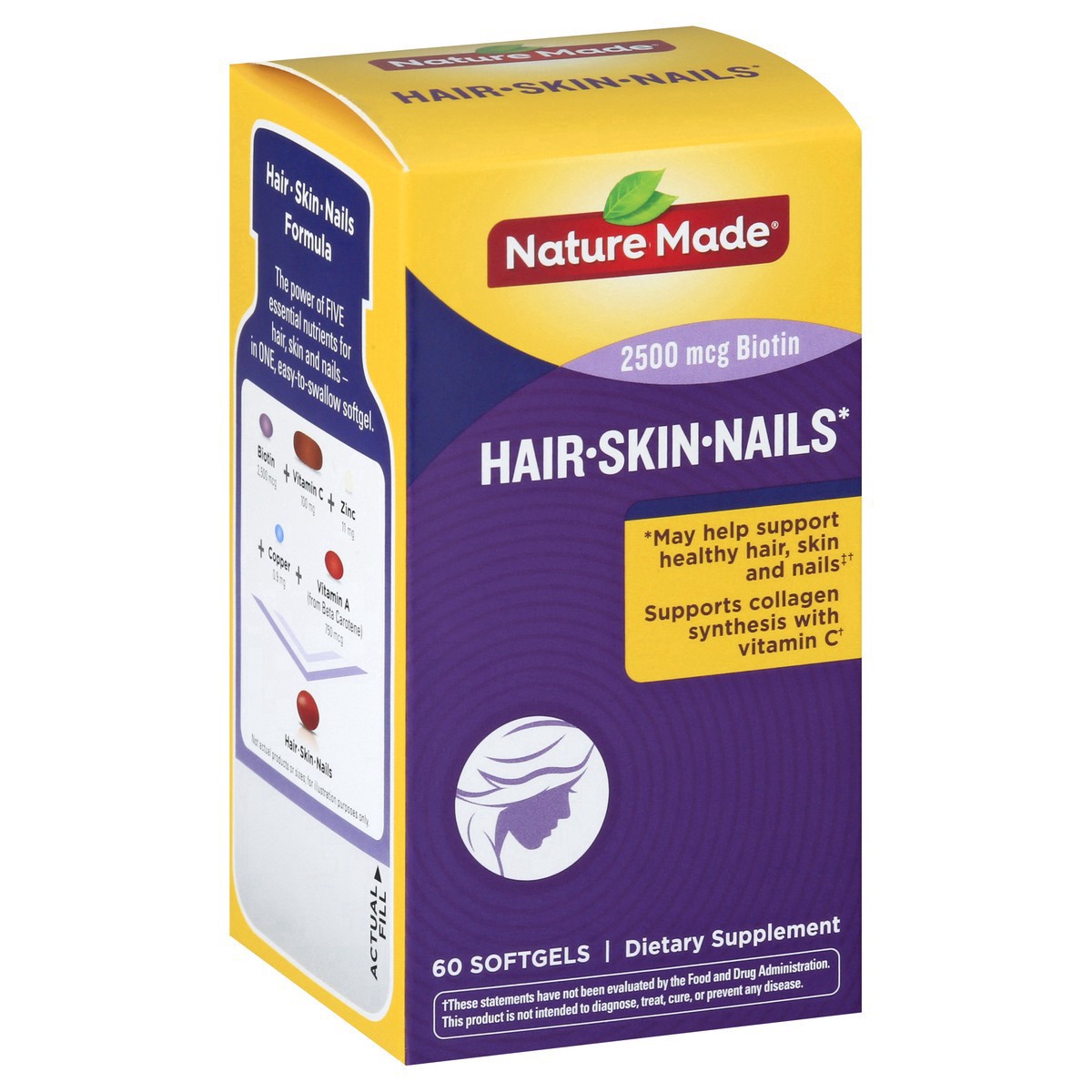 slide 9 of 14, Nature Made Hair Skin and Nails with Biotin 2500 mcg, Dietary Supplement For Healthy Hair Skin and Nails Support, 60 Softgels, 60 Day Supply, 60 ct