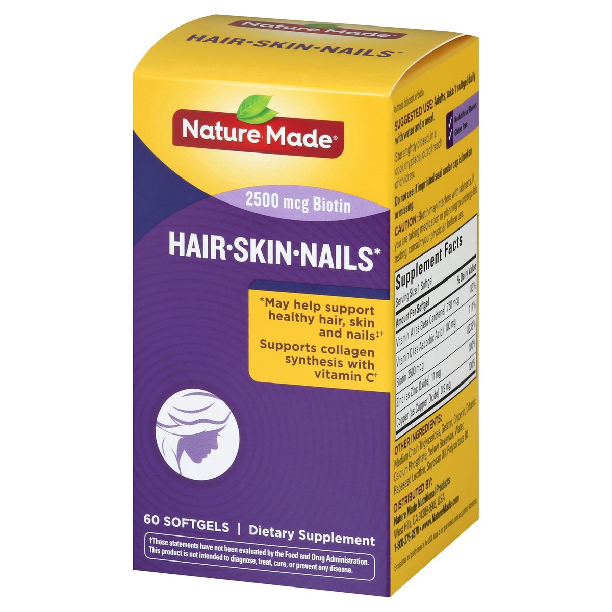 slide 8 of 14, Nature Made Hair Skin and Nails with Biotin 2500 mcg, Dietary Supplement For Healthy Hair Skin and Nails Support, 60 Softgels, 60 Day Supply, 60 ct