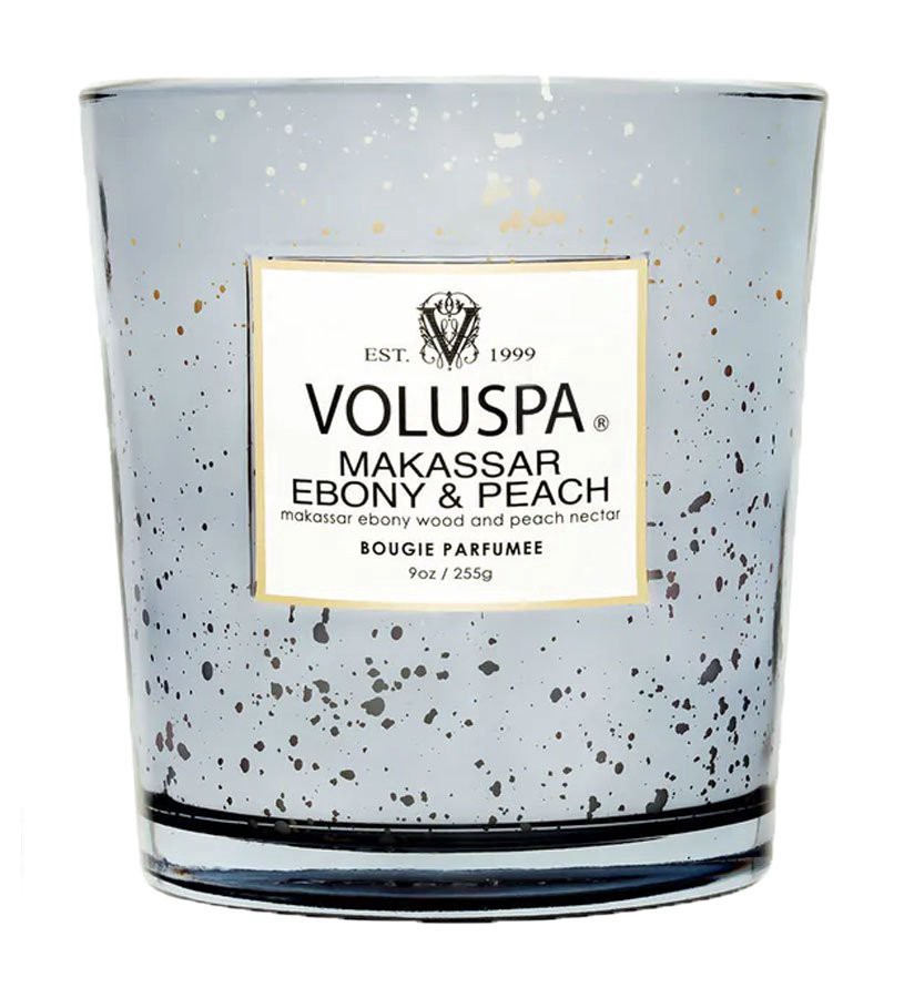 slide 1 of 1, Voluspa Makassar Ebony & Peach Box Candle, 9 oz