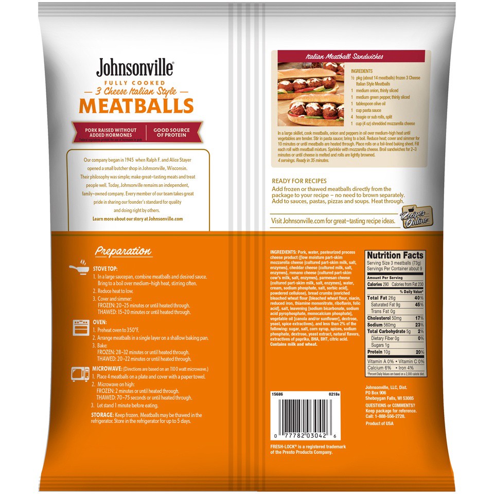 slide 3 of 3, Johnsonville Three Cheese Italian Style Meatballs, 24 oz