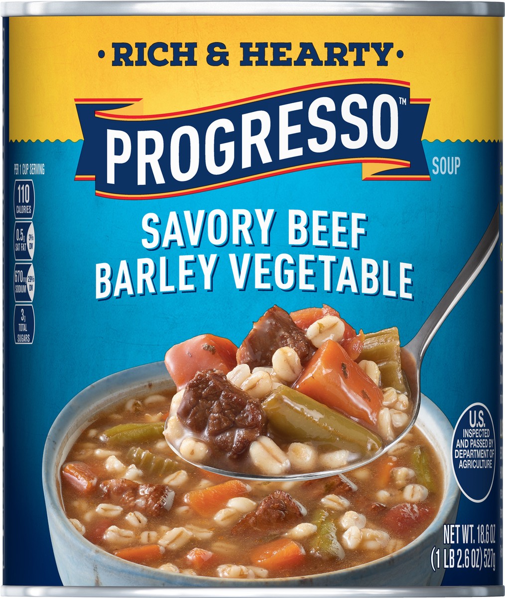 slide 2 of 8, Progresso Rich & Hearty, Savory Beef Barley Vegetable Canned Soup, 18.6 oz., 18.6 oz