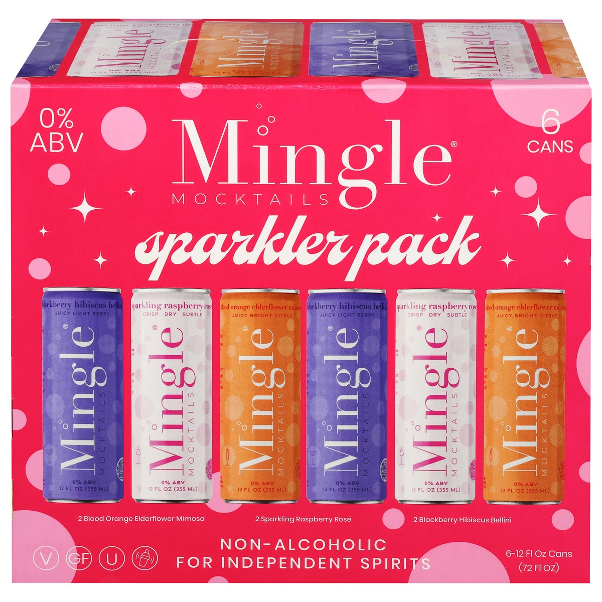 slide 1 of 13, Mingle Non-Alcoholic Blood Orange Elderflower Mimosa/Sparkling Raspberry Rose/Blackberry Hibiscus Bellini Sparkler Pack Mocktails 6 - 12 fl oz Cans, 6 ct