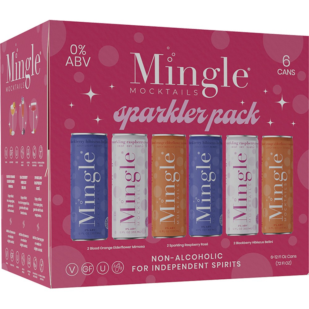 slide 1 of 1, Mingle Non-Alcoholic Blood Orange Elderflower Mimosa/Sparkling Raspberry Rose/Blackberry Hibiscus Bellini Sparkler Pack Mocktails 6 - 12 fl oz Cans, 6 ct