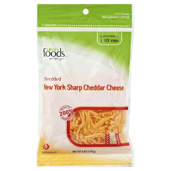 slide 1 of 1, Lowes Foods Shredded New York Sharp Cheddar Cheese, 6 oz