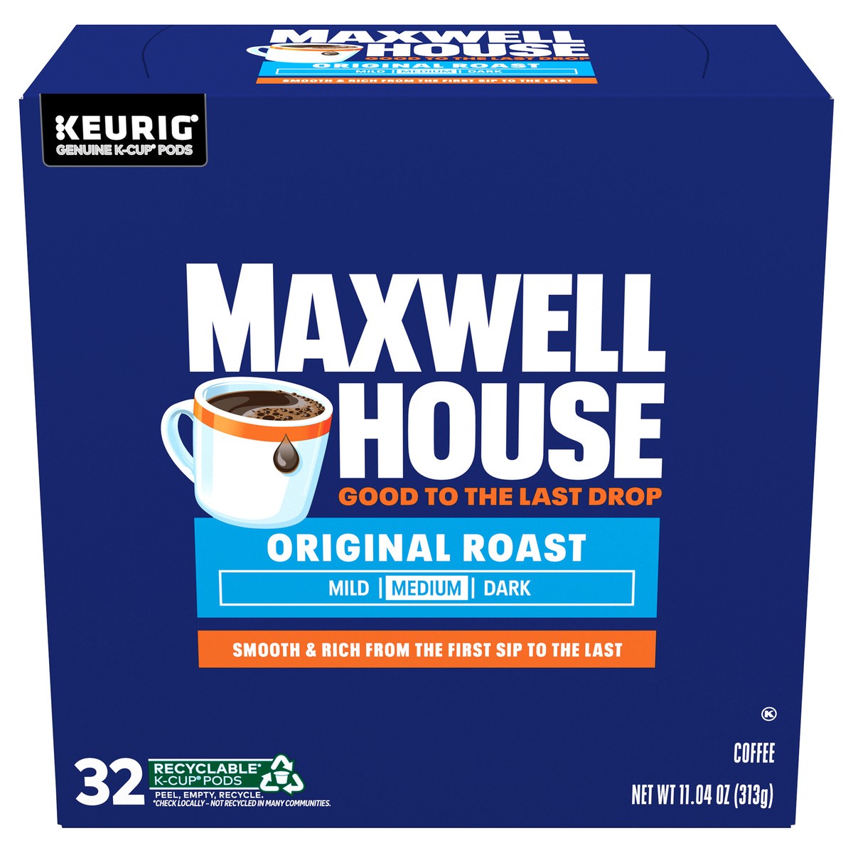 slide 1 of 4, Maxwell House Original Roast Medium Roast K-Cup Coffee Pods, 32 ct. Box, 11.04 oz