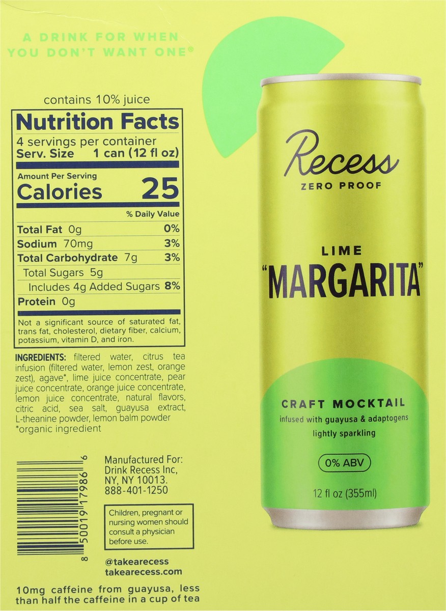 slide 8 of 13, Recess Lime Margarita Craft Mocktail 4 - 12 fl oz Cans, 4 ct