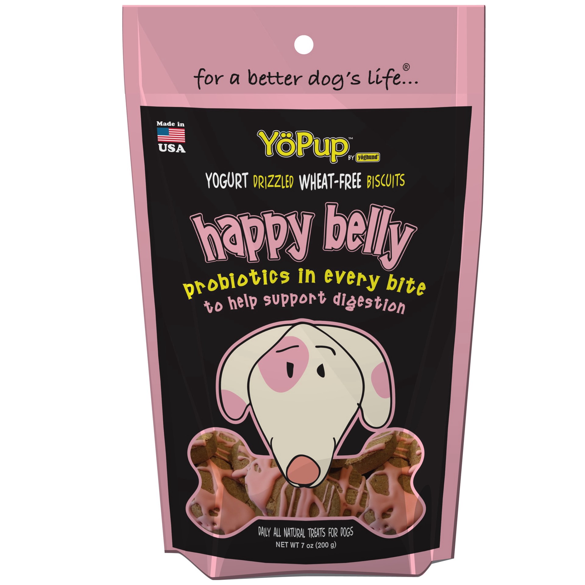 slide 1 of 1, YoPup by Yoghund Happy Belly Wheat Free Yogurt Drizzled Biscuits 7oz Bag, 7 oz