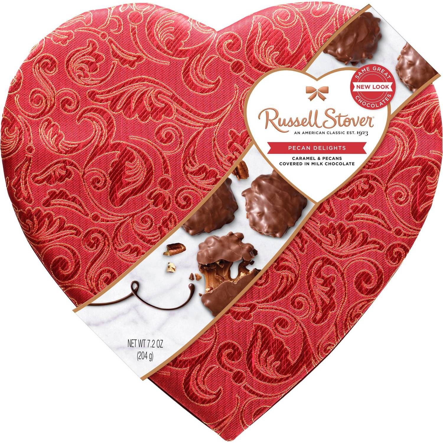 slide 1 of 1, Russell Stover Pecan Delights Caramel & Pecans In Milk Chocolate Satin Heart Box, 7.2 oz