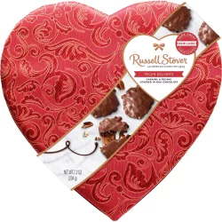Russell Stover Pecan Delights Caramel & Pecans In Milk Chocolate Satin Heart Box