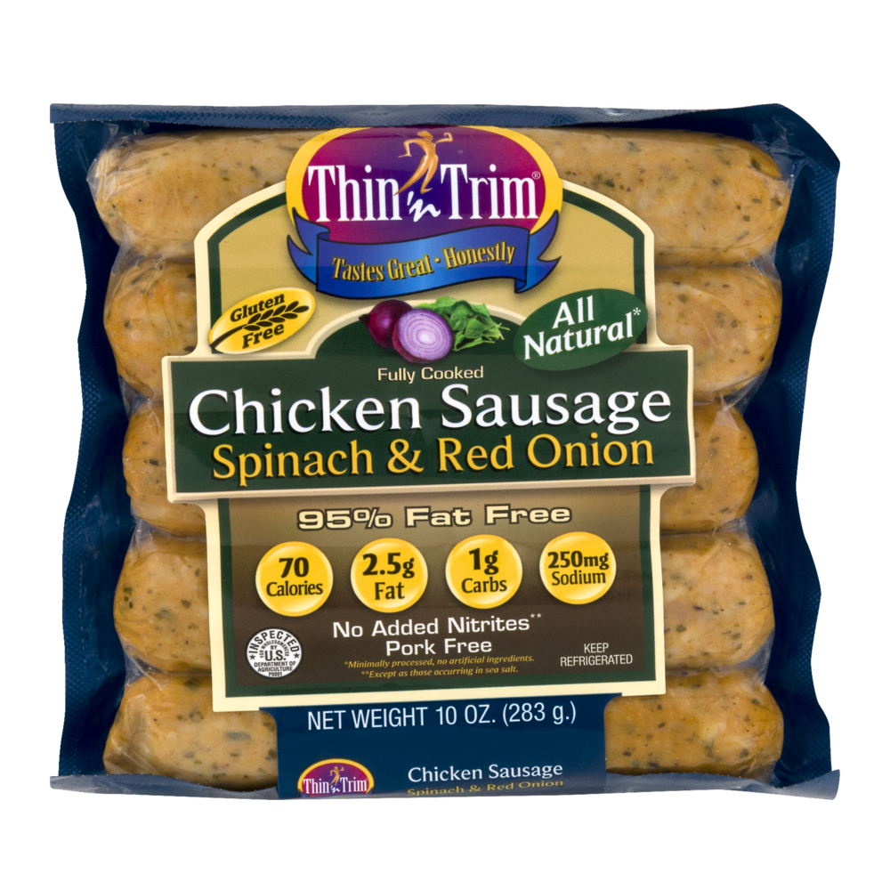 slide 1 of 1, Thin 'n Trim Spinach & Red Onion Chicken Sausage, 10 oz