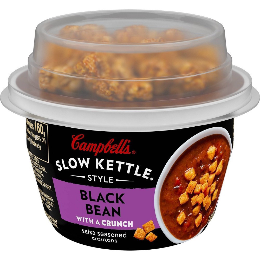 slide 3 of 7, Campbell's Slow Kettle Style Black Bean Soup with Croutons Microwavable Cup, 7.44 oz