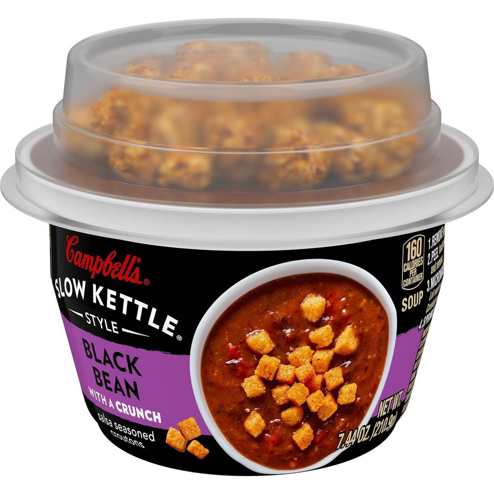 slide 5 of 7, Campbell's Slow Kettle Style Black Bean Soup with Croutons Microwavable Cup, 7.44 oz